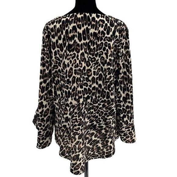Chico's Womens Animal Print Bell Sleeve Lace-Up Peplum Blouse Black Tan Size 2 - Picture 4 of 10
